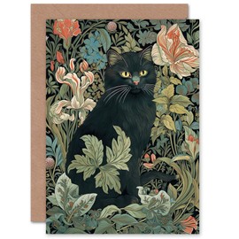 Artery8 Black Cat Flowers Art Nouveau William Morris Style for Wife Her Mum Sister Daughter Mom Gran Nan Mothers Day Birthday Thank You Blank Art Greeting Card