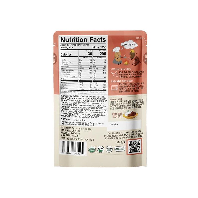 BeanVIVO Three Bean Vegan Chili – Plant-Based, Protein-Packed, Ready-to-Eat Meal