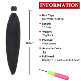 Xtrend 16 Inch EZ Braid 8 Packs Pre Stretched Braiding Hair Yaki Texture Braiding Hair for Crochet Hair Braids Hot Water Setting Synthetic Fibre Hair Extensions 2#