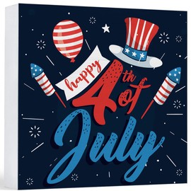 4th of July Decor Independence Day Wood Sign Patriotic Decorations Farmhouse Home Table Desk Decor (5 x 5 Inches)