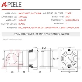APIELE 22MM 3 Position Key Switch 2NO XB2-20Y/31 (3 Position Maintained)