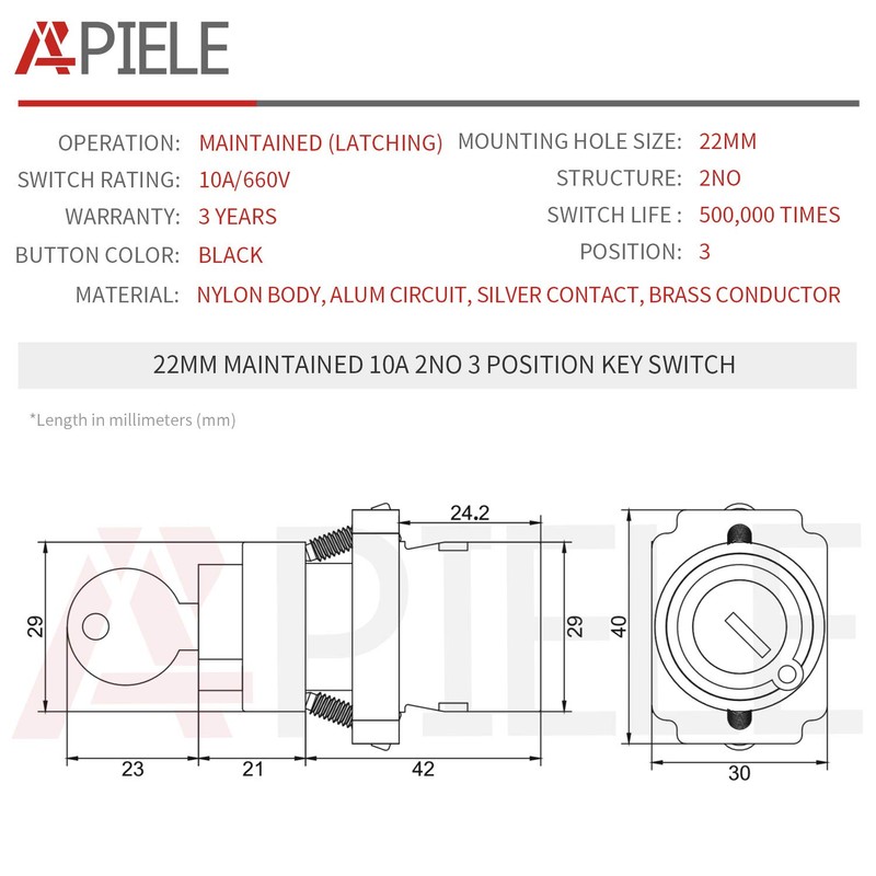 APIELE 22MM 3 Position Key Switch 2NO XB2-20Y/31 (3 Position