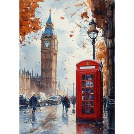 DAERLE 5D Diamond Painting Kits for Adults London Phone Booth, Full Drill Diamond Art Diamond Picture, Old Street View, DIY Round Diamond Art Kits Gem Painting Crafts for Home Wall Decor 30x40cm