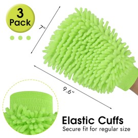 Mkobon 3 Pack Chenille Microfiber Car Wash Mitt, 7" x 9.6" Car Washing Mitts, Home Dusting Gloves, Scratch Free Lint-Free, Highly Absorbent, Double Sided, for Cleaning Detailing Polish (Green)
