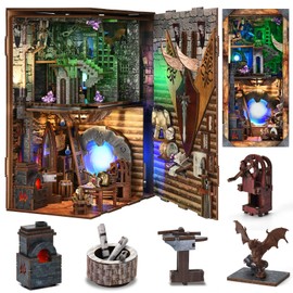 CCCDF DIY Book Nook Kit, DIY Miniature Dollhouse Booknook Kit, 3D Wooden Puzzle Bookend Bookshelf Insert Decor with LED Light for Teens and Adults (Blade and Magic)