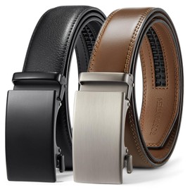 BOSTANTEN Mens Leather Belts Ratchet Dress Belt With Automatic Sliding Buckle 2 Pack in Gift Box Black