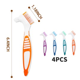 4-Piece Denture Brush Set - Portable Denture Brush with Moderate Multilayer Bristles, Double-Sided Brush for Effective Denture Care - 4 Colours