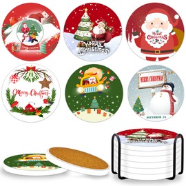 Comesix Ceramic Christmas Coasters with Holder - Absorbent Ceramic Coasters Set of 6, 4” Cute Round Holiday Coasters, Home Bar Accessories for Home Christmas Party Table Decoration