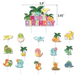 Dinosaur Birthday Party Decorations Set, Happy Birthday Banner and 15 Cupcake Toppers, Pink Theme, 17 Pieces