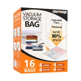 BAMCOO Vacuum Seal Bags for Clothing Travel, Upgraded 16 Pack(4 Jumbo/4 Large/4 Medium/4 Small Vacuum Storage Bags) Space Saver Vaccine Sealed Storage Bag for Blankets Bedding Luggage Comforters