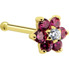 Body Candy Solid 14k Yellow Gold Red and Clear Cubic Zirconia Flower Nose Stud Bone 20 Gauge 1/4"