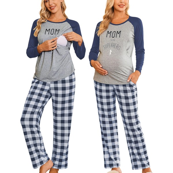 Ekouaer - Pijama de lactancia materna de manga larga para lactancia materna, Style 3_navy Blue, S
