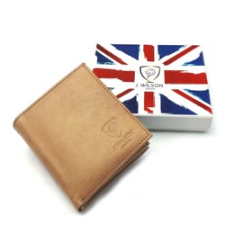 J. Wilson London RFID Blocking Protection Genuine Leather Mens Wallet with Zip Coin Pocket Gift Boxed (Distressed Tan)