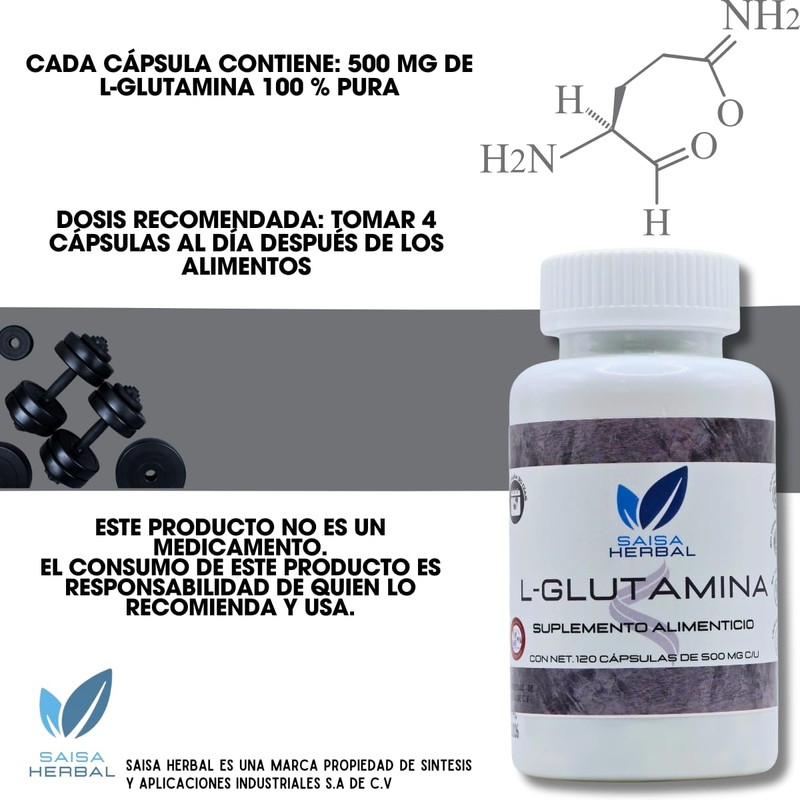 L-Glutamina 100% Puro 120 cápsulas con 500 mg c/u. Calidad