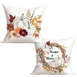 Fall Autumn Thanksgiving Pumpkin Throw Pillows Cover 18x18 Set of 2 Grey White Orange Flowers Leaves Harvest Pillow Covers Thankful Blessed Decorative Pillow Cases for Outdoor Bedroom Couch Sofa Decor