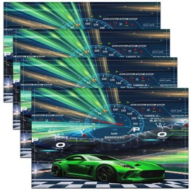 Homemissing Green Racing Car Placemats Set of 4 Kids Sports Car Placemat for Kitchen Dining Table 45X30cm for Boys Girls Teens Automobile Extreme Sport Plaid Checkered Indoor Outdoor Decor Table Mats