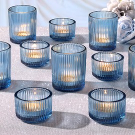 NITIME 10pcs Ribbed Blue Votive Candle Holders, Assorted Tea Light Candle Holder Glass, Blue Candle Holders for Table Centerpiece, Wedding Table Settings and Party Decorations