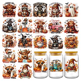 Autumn UV DTF Stickers - 20 Sheets Pumpkin Season Highland Cow Raccoon UV DTF Tumbler Wraps for 16 oz Glass Cups, Cute Ghost Gnome Transfer Sticker DIY Water Bottle Craft Decoration Gift for Women