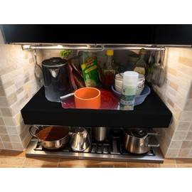 Sliding Kitchen Cabinet Organizer Carbon Steel Kitchen Organizer, Space Saving, 12.6" to 20.47", 2.95" High, 3-Track Design, Comes with Installation-Free Stickers and Mounting Screws, 1-Pack (Black)