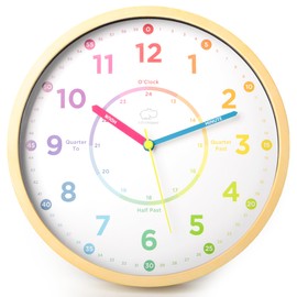 LittleHippo Learning Clock for Kids for Teaching to Tell Time - Kid's Analog, Silent, Non-Ticking Wall Clock for Bedrooms, Nursery, Playroom, School Classroom, Study to Learn to Tell Time