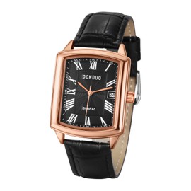 JewelryWe Men's Analogue Quartz Watch Men's Classic Retro Rectangular Business Casual Watch with Leather Strap Black/Brown, 2-Roman Numerals Black, Strap.