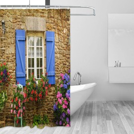 Nyngei 3D Digital Printing Home Garden Shower Curtain Stone Wall and Window and Flowers Polyester Fabric Decorations 180X180CM