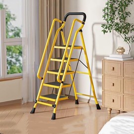 5 Step Ladder with Handrails, 300 lbs Capacity Folding Step Stool with Extra-Wide Anti-Slip Pedals, Heavy Duty Steel Portable Ladder for Home, Kitchen, Office, Yellow