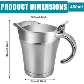GOEDCH Stainless Steel Thermal Gravy Boat 450 ml: Double Insulated with Hinged Lid Sauce Jug Insulated Sauce Container with Handle for Serving Sauce Custard Cream Home or Dinner Parties