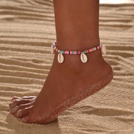 TseenYi Boho Shell Anklet Bracelet Colourful Beads Anklet Cowrie Shell Anklet Small Beads Elastic Stretch Anklet Shell Tassel Anklet Rainbow Beads Anklet Jewellery, Zinc
