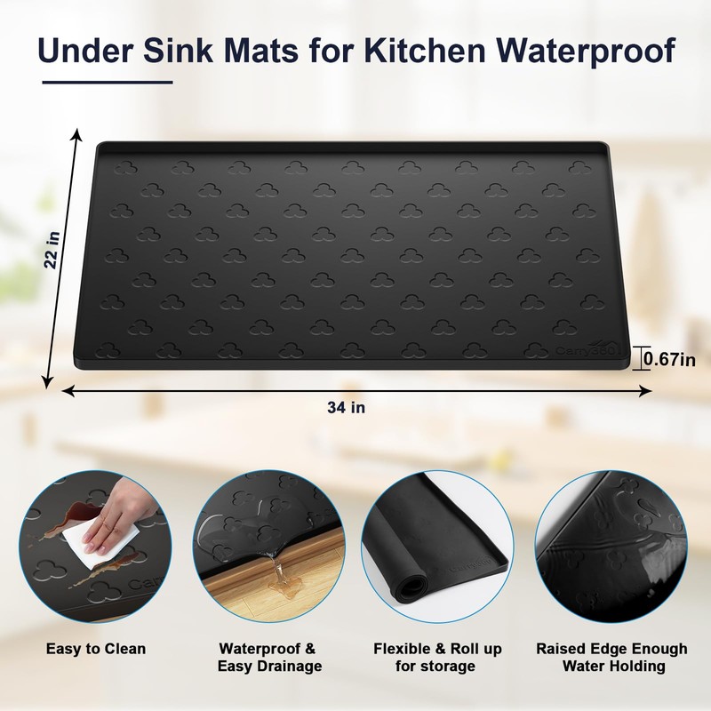 Under Sink Mat 34" x 22" Waterproof Kitchen Cabinet Mat,