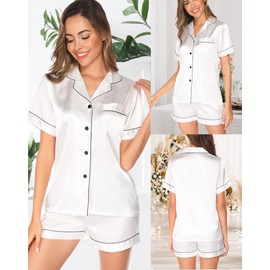 Vlazom Pyjamas for Women, Soft Satin Pjs Set Two Piece Silk Pyjamas for Ladies Button Down Sleepwear Loungewear White,M