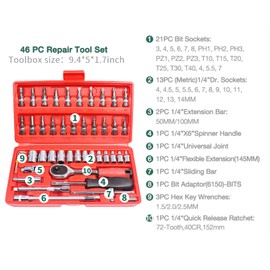 QUNNIE Socket Ratchet Wrench Set, 46 piece 1/4-inch drive includes bit socket set and extension rod, mechanical tool kit, metric, with storage case, for household and car repair