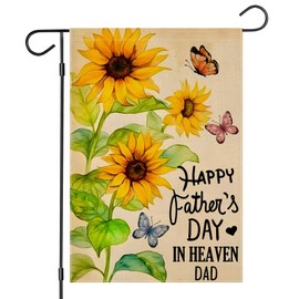 Happy Father's Day in Heaven Garden Flags, Memorial Flowers with Butterflies Grave Yard Decoration, Small Gift for Daddy Papa Grandpa Remembrance Cemetery Outside Outdoor Decor 12x18 Inch Double Sided