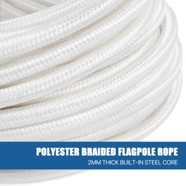 Aemygo 5/16 Inch Wire Center Flagpole Rope, 100 ft White Polyester Flagpole Halyard Rope with Snap Hooks, Solid Braided Flag Line with Steel Center