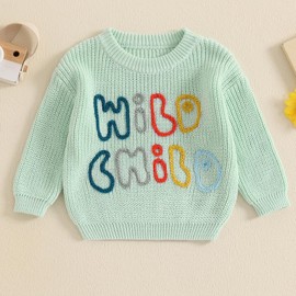 Lesimsam Toddler Baby Boy Girl Sweater Wild Child Embroidery Knit Sweater Oversized Knitted Sweatshirt Fall Winter Clothes (Green, 9-12 Months)