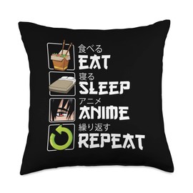 Kawaii Anime Merch Manga For Boys Girls Kids Eat Sleep Repeat Kawaii Otaku Manga Anime Girls Throw Pillow, 18x18, Multicolor