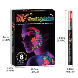 INAFKDPONR 8-color luminous body painting, UV neon face painting pen, luminous face painting kit, washable skin tattoo pen, Halloween party makeup (8 colors)