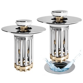 Anlige Bathroom Sink Drain Strainer, 2PCS 3 in 1 Pop Up Bathroom Sink Stopper with Removable Brass Basket Hair Catcher, Universal Sink Plug for 1.06 to 1.6in Drain Hole, Chrome Silver