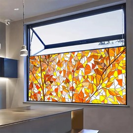 HOMETITUTE Stained Glass Window Film Leaves Window Privacy Film 39.3×17.7 Inchs Sun Blocking Static Cling Sticker Privacy Decorative Glass Home Window Decorations for Bathroom Living Room