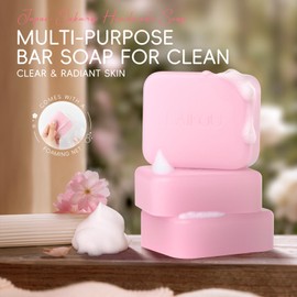 LAIKOU Sakura Handmade Soap Bar, 3 x 110g Soap with Niacinamide & Vitamin C for Soft, Radiant Skin, Face Skincare for Moisturising & Gentle Cleansing, Luxury Facial & Body Soap, With Foaming Net