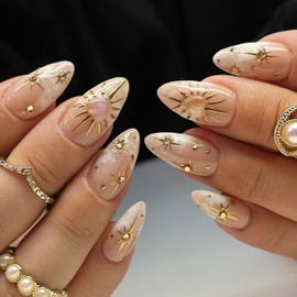 24Pcs Short Press on Nails Almond Fake Nails with Designs 3D Gold Star Glue on Nails Retro Heart False Nails Full Cover Artificial Acrylic Nails Reusable Nude Stick on Nails for Women Manicure Salon