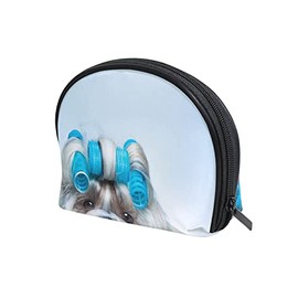 White Pebble Dog Turquoise Hair Curler Women Shell Shape Makeup Bag, Portable Coin Purse Holder Zipper Pouch Travel Cosmetic Organizer,Train Toiletry Storage Case