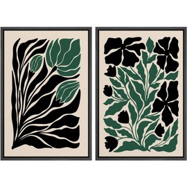 Ashbrook Framed Canvas Print Wall Art Set Modern Botanical Elegance Abstract Monochrome Leaf Illustrations Modern Art Decorative Minimal for Living Room, Bedroom, Office - 24"x36"x2 Black