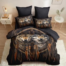 CCoutueChen Dreamcather Wolf Comforter Set King,Rustic Style Soft Bedding Set for Hunting Cabin, Wildlife Animal Microfiber Lightweight Summer Comforter - 3Pcs with 2 Matching Pillowcases/104 * 90