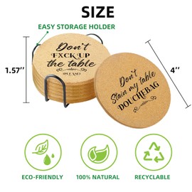 Cegkuc Coasters for Drinks with Holder Set of 6, House Warming Gifts for New Home Couples Absorbent Funny Cork Wood Coaster for Cup Desk Office Table, Round 4"