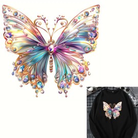 2pcs Gemstone Butterfly Iron On Transfers for T-Shirts Rub on Transfers Stickers Vinyl Ready to Press Stickers Iron on Decals for T-Shirts Clothing Hoodie DIY Crafts