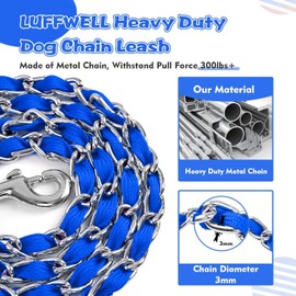 LUFFWELL Heavy Duty Metal Dog Chain Leash with Comfortable PU Leather Padded Handle, Chew Proof for Medium Large Pooch Walking Training (6ft 3.5mm Blue)
