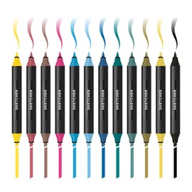 Molotow Sketcher Twinmarker Main Kit 3 (Brush Tip & 3 mm Chisel Tip, Colour-Intensive Aqua Pro Ink, Quick-Drying, for Use on Paper) 12 Pens, Multi-Colour