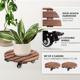 2pack Wood Plant Caddy With Wheels Heavy Duty Red Brown, 264 Lbs Capacity, 12 Inch Acacia Hardwood Plant Dolly, Plant Stand with 360° Lockable Wheels for Plant Pots, Heavy Objects Hauling