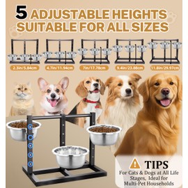 Elevated Dog Bowls Stand Large Breed Metal Raised Dog Bowls Small/Medium/Large Sized, Feeding Station with 5 Heights Adjustable,3 Food Water Bowl Feet with Non-Slip Feet